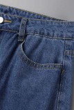 Blaue, lässige, solide Patchwork-Jeans mit hoher Taille und geradem Schnitt
