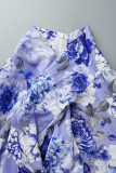 Azul elegante estampado vendaje patchwork cinta cuello manga larga dos piezas