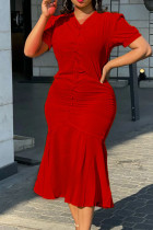 Красные повседневные однотонные платья русалки в стиле пэчворк с V-образным вырезом