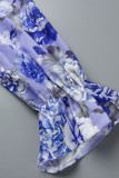 Blauwe elegante print bandage patchwork lint kraag lange mouw tweedelig