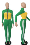 Зеленый Повседневная спортивная одежда Твердые Пэчворк Молния Длинный рукав Из двух частей