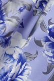 Blå Elegant Print Bandage Patchwork Ribbon Krage Långärmad Två delar