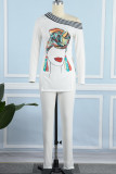 White Yellow Street Print Patchwork One Shoulder Long Sleeve Two Pieces