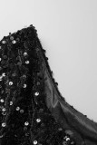 Robes de robe longues noires sexy solides évidées paillettes patchwork fente col oblique