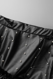 Schwarze, lässige, solide Patchwork-Volant-Perlen mit asymmetrischer hoher Taille, Typ A, einfarbige Unterteile