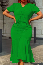 Vestido verde casual patchwork sólido com decote em V trompete sereia