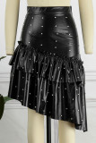 Black Casual Street Solid Patchwork Flounce Beading Asymmetrical High Waist Type A Solid Color Bottoms