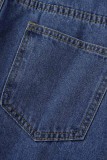 Jeans in denim dritti a vita alta patchwork tinta unita casual blu