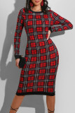 Blue Sexy Plaid Print Patchwork O Neck Pencil Skirt Dresses