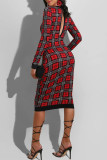赤いセクシーな格子縞のプリント パッチワーク O ネック ペンシル スカート ドレス
