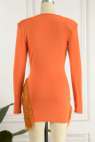 Orange Sexy Solid Patchwork Feathers Asymmetrical V Neck Pencil Skirt Dresses