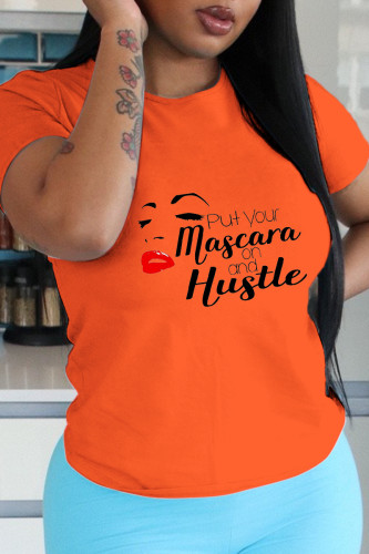 T-shirt con collo a lettera O con stampa labbra arancione Street