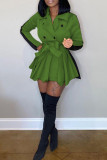 Groen Casual Solide patchwork met riem Rechte jurken met omslagkraag