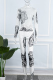 White Sexy Print Patchwork Half A Turtleneck Long Sleeve Two Pieces