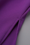 Violet Sexy Solide Patchwork Fente Col Carré Manches Longues Deux Pièces Violet