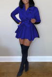 タンジェリン レッド カジュアル ソリッド パッチワーク ベルト付き ターンバック カラー ストレート ドレス