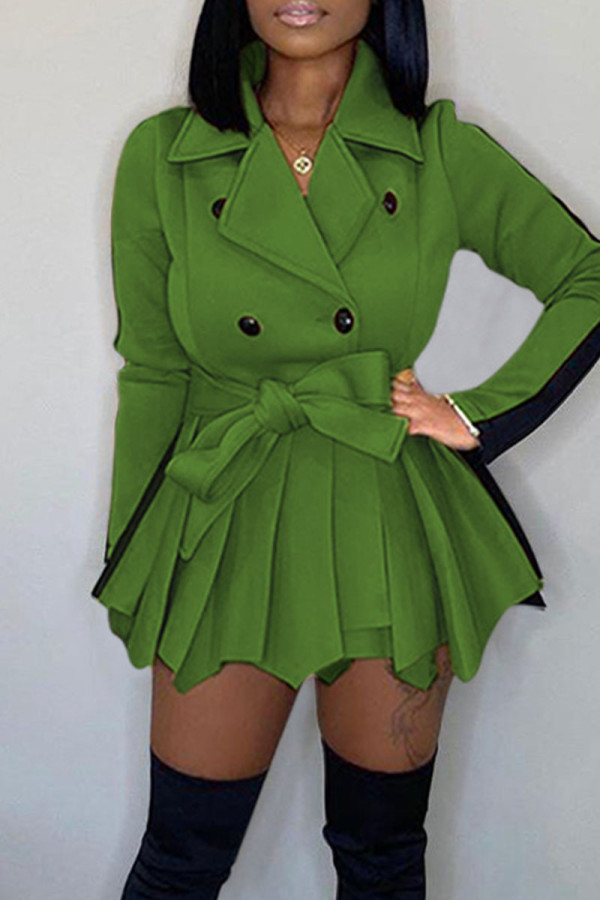 Verde casual patchwork sólido com cinto gola virada para trás vestidos retos