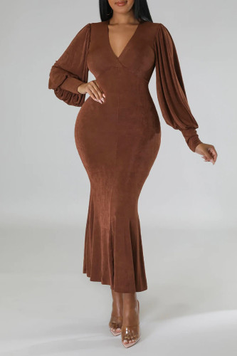 Brown Casual Solid Patchwork V Neck Long Sleeve Dresses