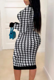 Vestidos saia lápis com estampa xadrez branca sexy e decote em bico
