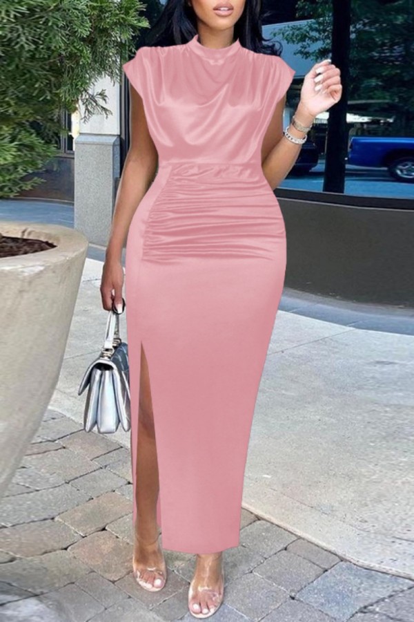 Pink Fashion Sexy Solid Slit Fold Half A Turtleneck Evening Dress