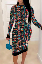 色のセクシーな格子縞のプリント パッチワーク O ネック ペンシル スカート ドレス