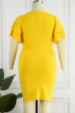 ローズレッドカジュアルソリッドパッチワークOネックワンステップスカートプラスサイズドレス