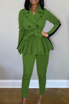 Зеленый Повседневная однотонная Пэчворк с поясом Воротник с отложным воротником Длинный рукав Из двух частей