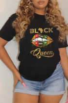 Schwarze Simplicity-Lippen bedruckte Patchwork-T-Shirts mit O-Ausschnitt