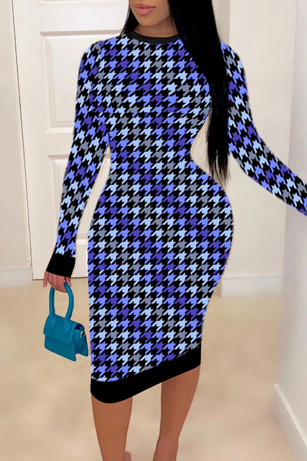 ブルーのセクシーなチェック柄プリント パッチワーク O ネック ペンシル スカート ドレス
