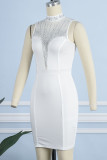 Blanco sexy sólido patchwork taladro caliente o cuello un paso falda vestidos