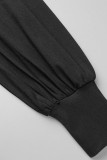Vestidos de manga larga con cuello en V de patchwork sólido casual negro