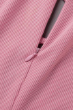 Розовый сексуальный однотонный узкий комбинезон в стиле пэчворк с круглым вырезом