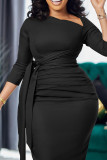 Vestidos preto elegante sólido patchwork com gola oblíqua e saia única
