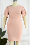 ピンク カジュアル ソリッド パッチワーク O ネック ワンステップ スカート プラスサイズ ドレス