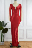 Vert Sexy Solide Gland Paillettes Patchwork Dos Nu Fente V Cou Robe Longue Robes