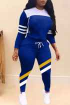 Синий Повседневная спортивная одежда Однотонный Пэчворк Воротник с капюшоном Длинный рукав Из двух частей