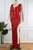 Vert Sexy Solide Gland Paillettes Patchwork Dos Nu Fente V Cou Robe Longue Robes