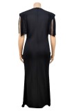 Blanc Casual Solid Tassel Patchwork V Neck One Step Jupe Plus Size Robes