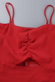 Мандариново-красный сексуальный сплошной выдолбленный лоскутный ремешок на тонких бретельках юбка платья на один шаг
