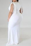 Белая повседневная сплошная кисточка в стиле пэчворк с v-образным вырезом, одноступенчатая юбка, платья больших размеров
