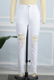Белые повседневные однотонные рваные джинсы скинни с завышенной талией в стиле пэчворк