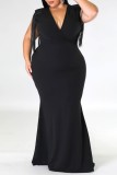 Zwart casual effen kwastje patchwork V-hals eenstaps rok Grote maten jurken