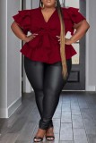 Rose Red Casual Solid Patchwork V-Ausschnitt Plus Size Tops