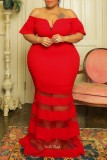 Rode sexy formele solide patchwork doorzichtige off-shoulder avondjurk Grote maten jurken