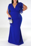 Синяя повседневная сплошная кисточка в стиле пэчворк с v-образным вырезом, одноступенчатая юбка, платья больших размеров