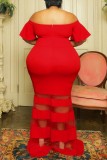 Red Sexy Formal Solid Patchwork See-through Off the Shoulder Evening Dress Plus Size Dresses