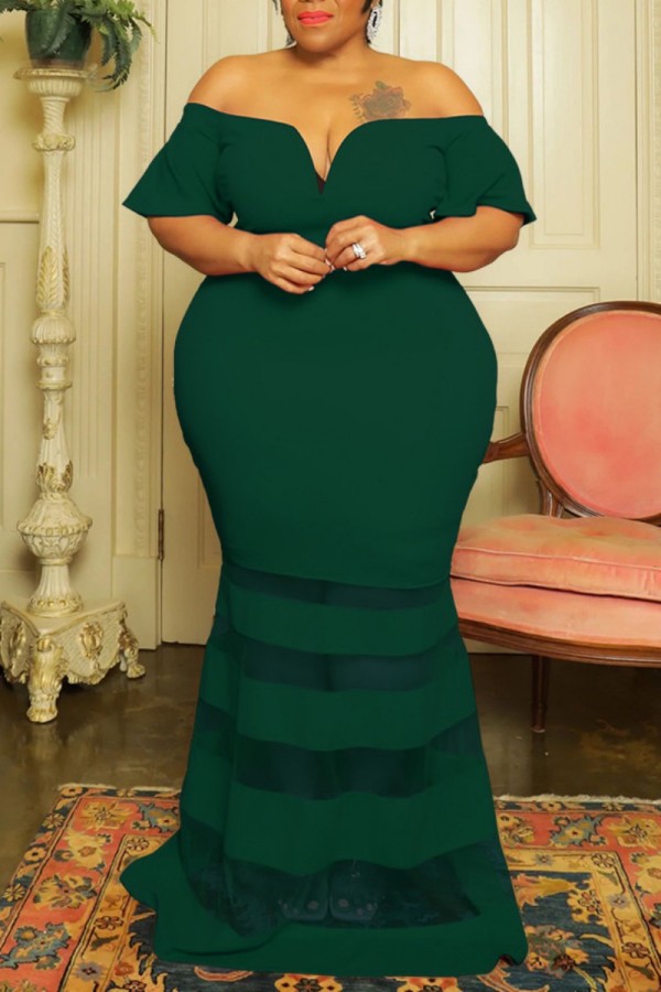Groene sexy formele solide patchwork doorzichtige off-shoulder avondjurk plus size jurken