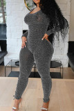 Grey Sexy Solid Bandage Hollowed Out Patchwork O Neck Skinny Jumpsuits