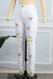 Белые модные рваные джинсы с завышенной талией в стиле пэчворк с уличным принтом