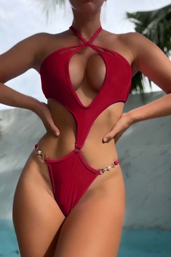 Burgundy Sexy Solid Hollowed Out Frenulum Backless Swimwears (With Paddings)